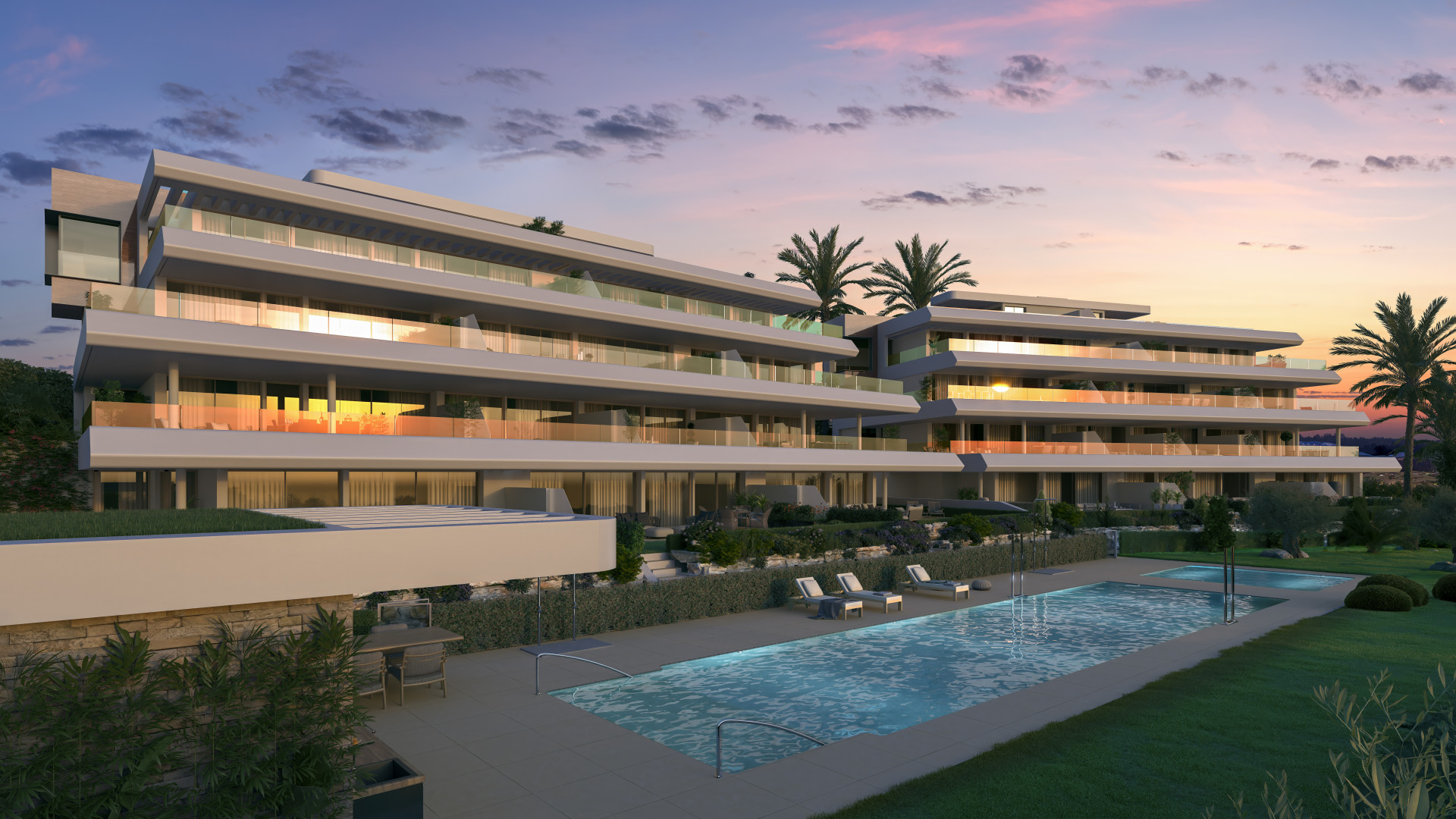Nieuwbouw appartementencomplex als voorbeeld van appartement kopen aan de Costa del Sol